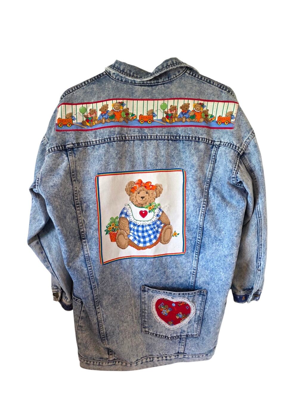 Vintage Teddy Bear Design Womens Denim Jean Jacket Size Medium OVERSIZED